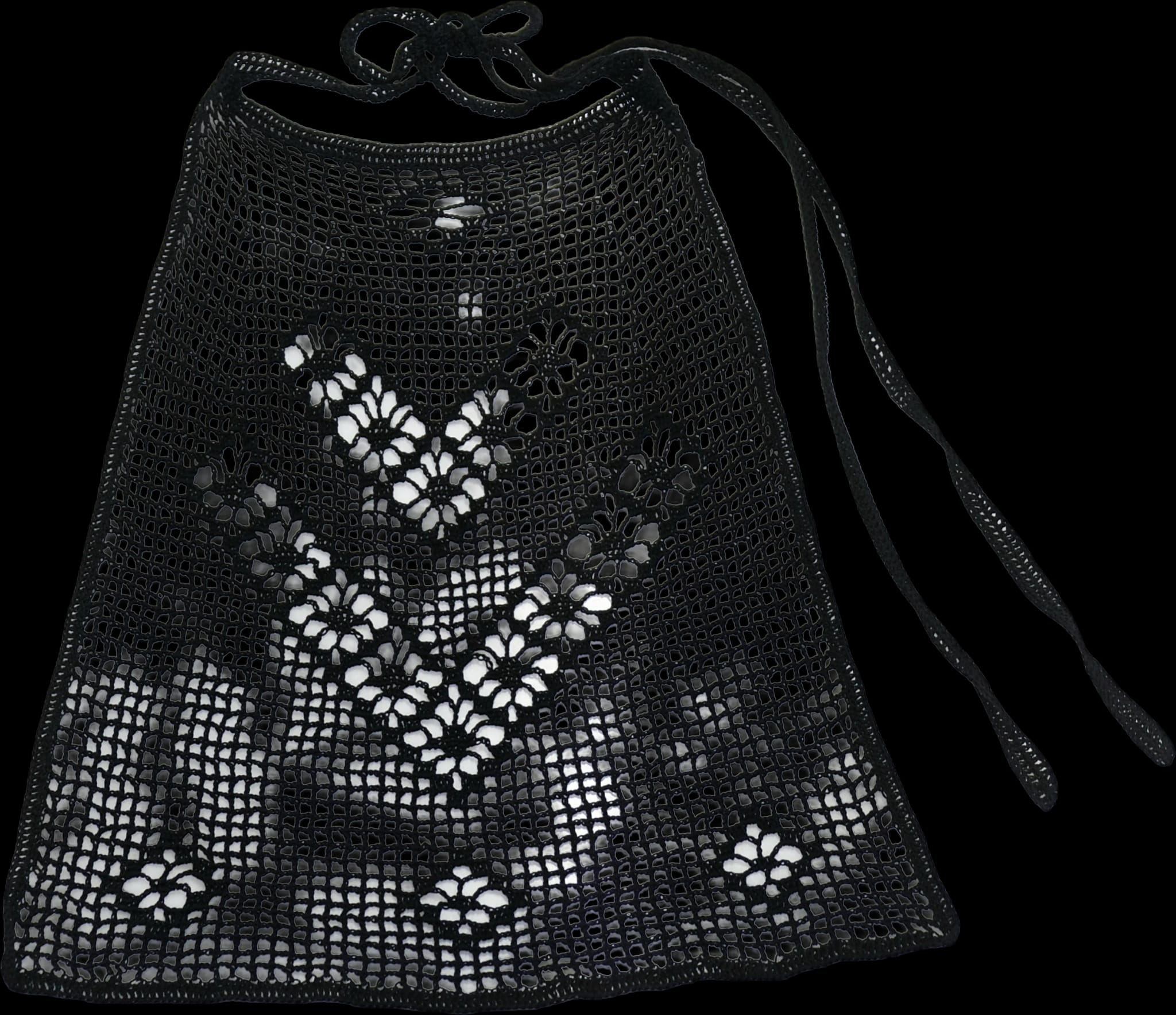 Schwarze Filethäkel-Schürze mit Rautenmuster
