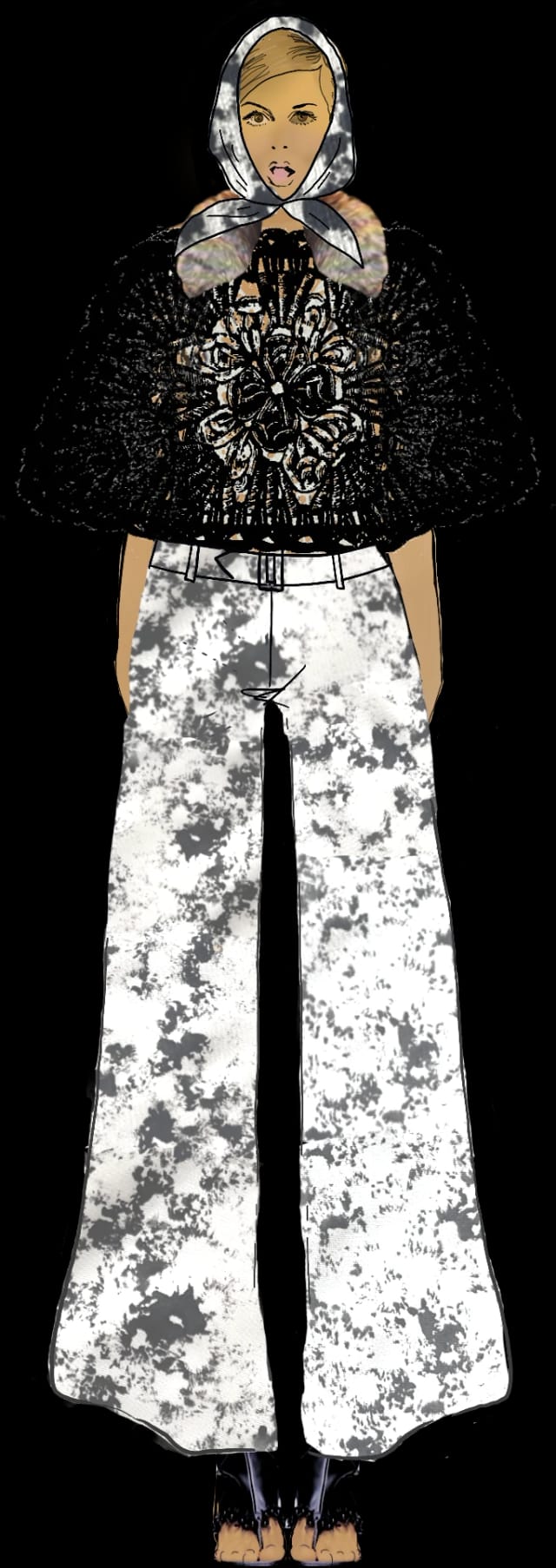Illustration von Look 02, ein schwarzes Granny-Square-Cape über weiter bedruckter Hose