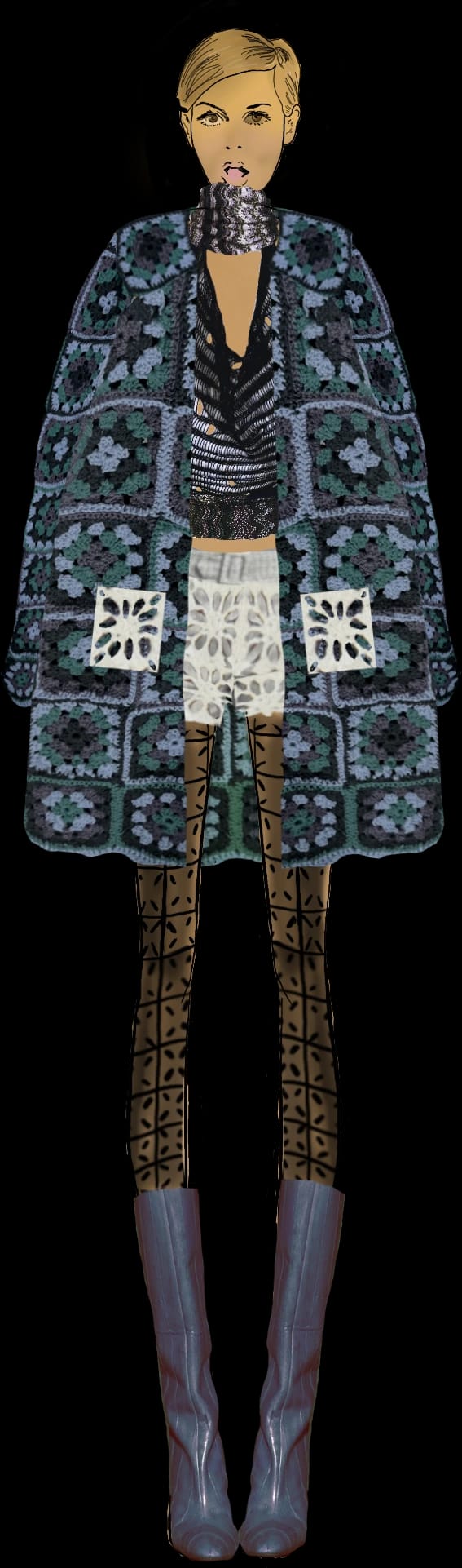 Illustration von Look 05, ein blauer Granny-Square-Mantel