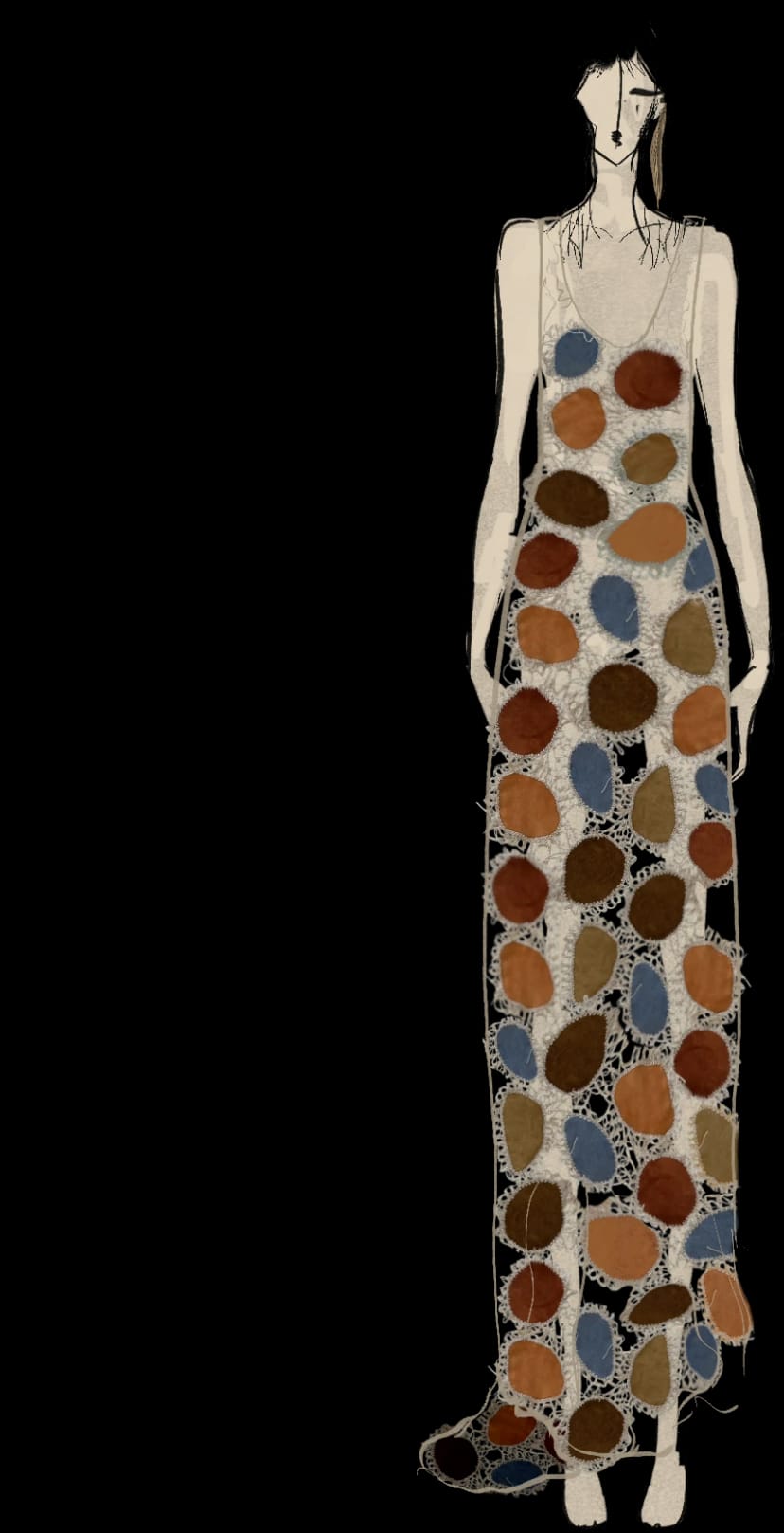 Modezeichnung von Look 01, einem langen Häkelkleid mit Lederpatches