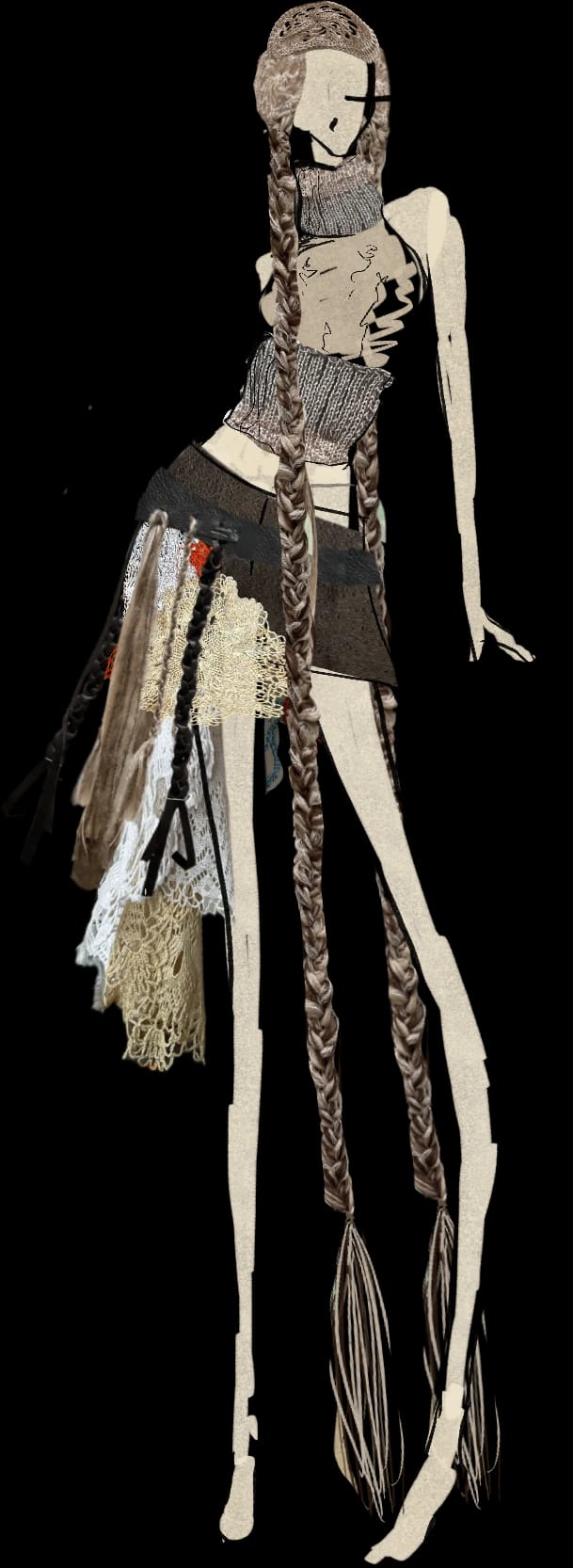 Modezeichnung von Look 03, einem Stricktop mit mehrlagigem Fransenrock